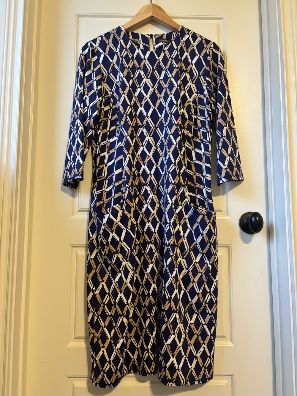 J McLaughlin Navy & Cream Geometric Midi Dress with Pockets-large
